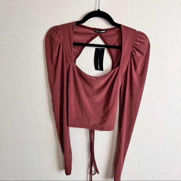 NWT Marsala Brown Puff Sleeve Square Neck Lace Up Long Sleeve Crop Top - Picture 5 of 15